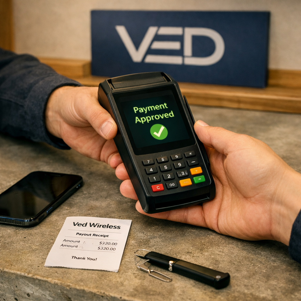 Person holds payment terminal with on-screen message 'Payment Approved' as another person receives payout receipt from Ved Wireless on a countertop, with a smartphone, paper receipt, and keychain nearby.