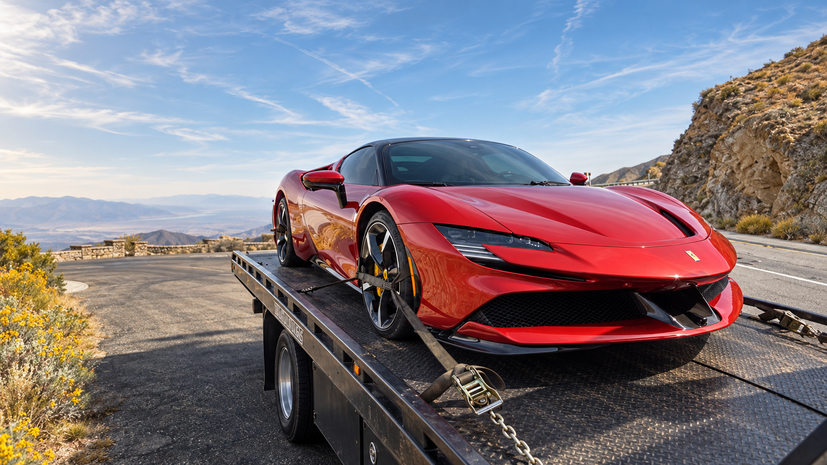 Red Ferrari SF90 secured on an Advanced Towing flatbed in the Coachella Valley