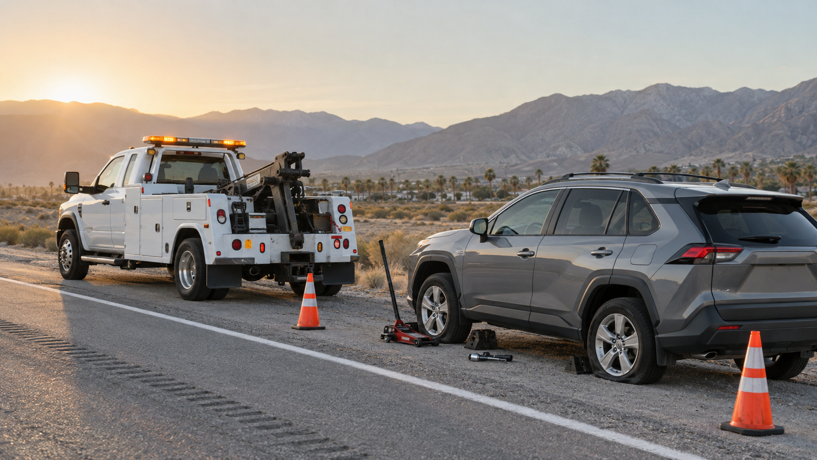 Advanced Towing roadside service truck assisting a disabled SUV in the Coachella Valley