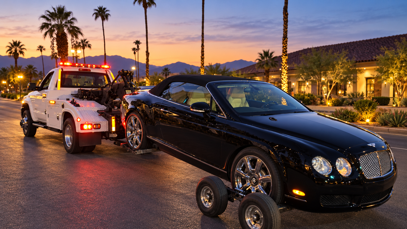 Bentley wheel-lift recovery by Advanced Towing in the Coachella Valley