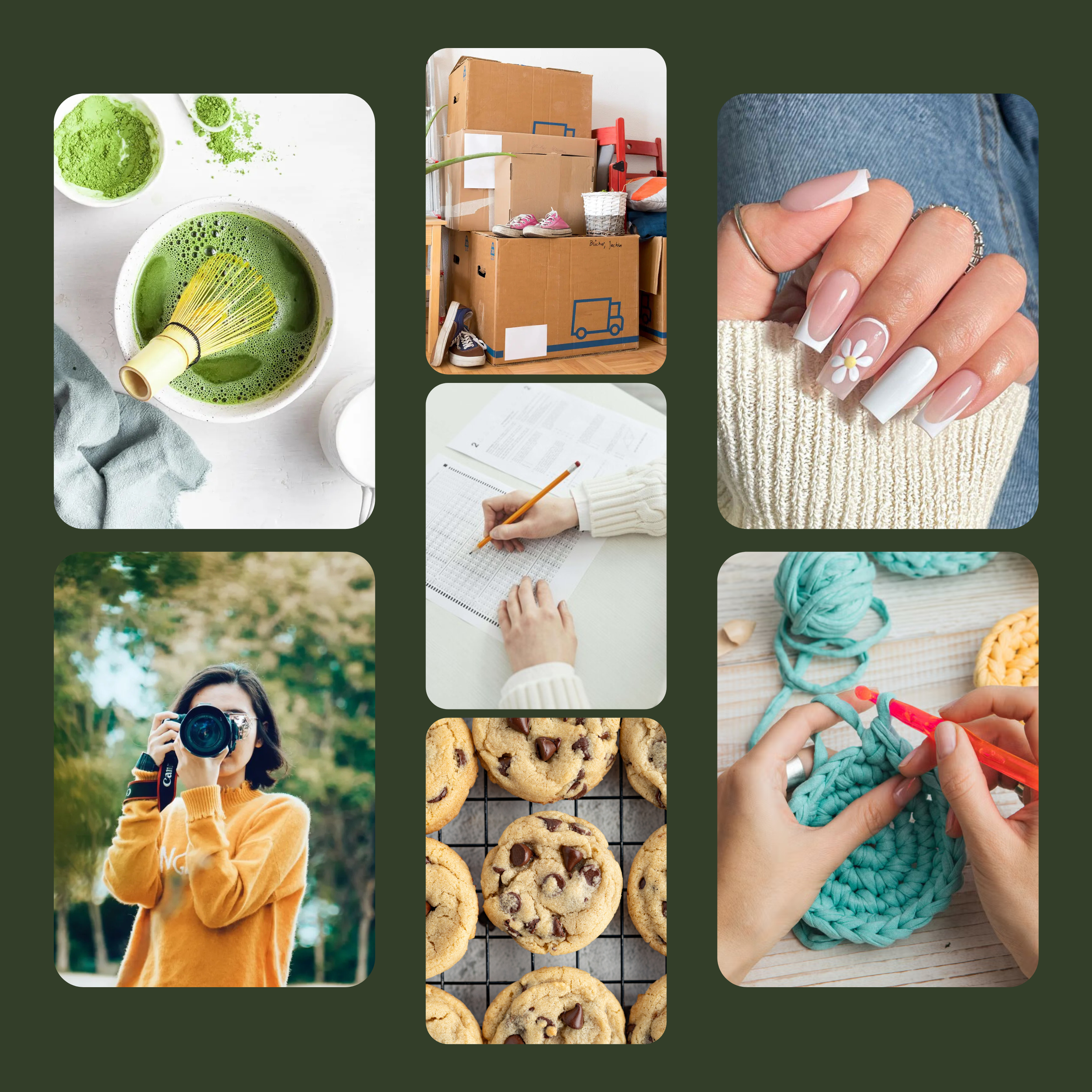 Collage of social media images including matcha tea with a whisk, moving boxes, a woman with a camera outdoors, freshly baked cookies, and manicured nails with daisy nail art. Examples of student side hustles.