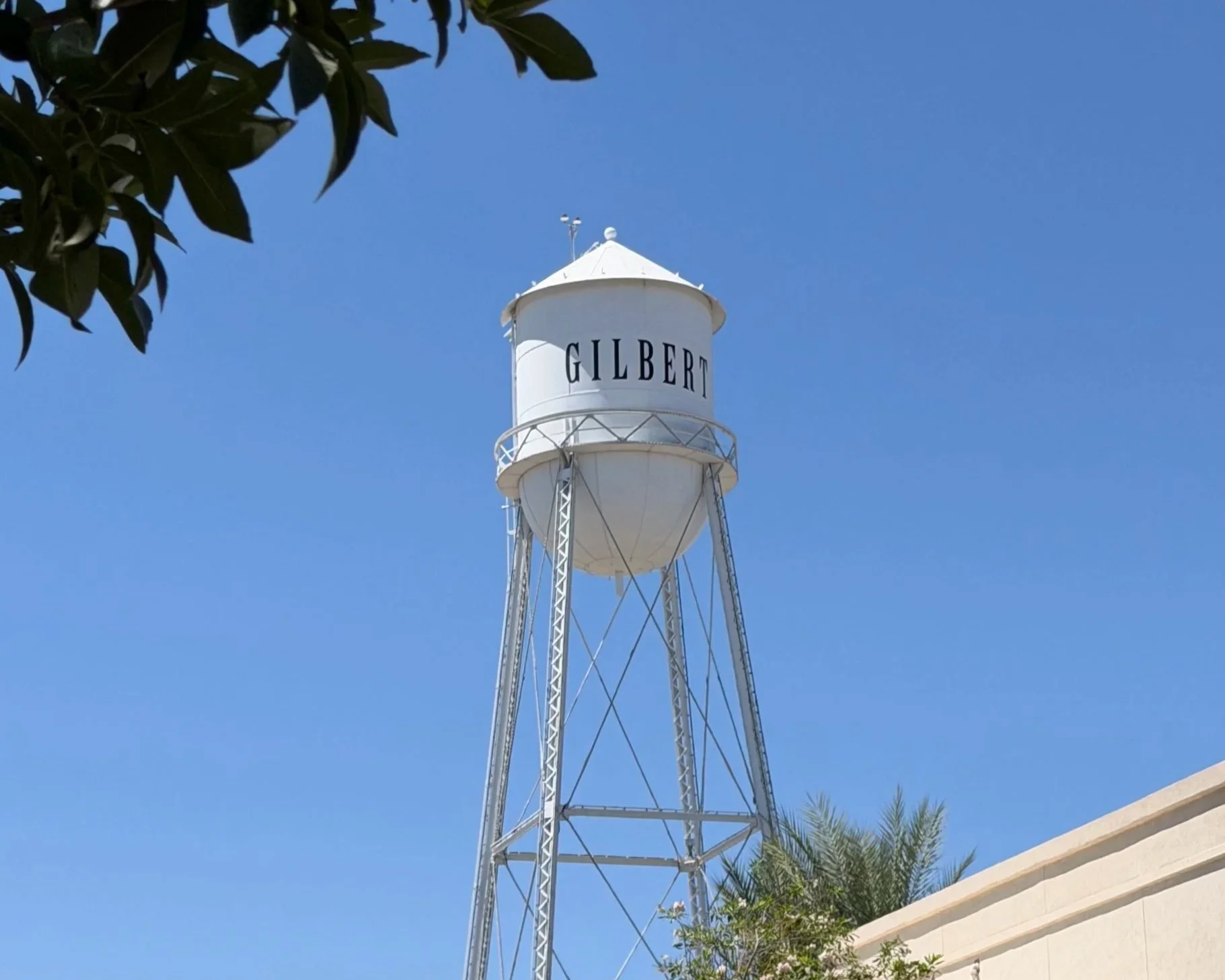 A white water tower with the word 'GILBERT' written on it, set against a clear blue sky with some tree branches and leaves in the foreground.