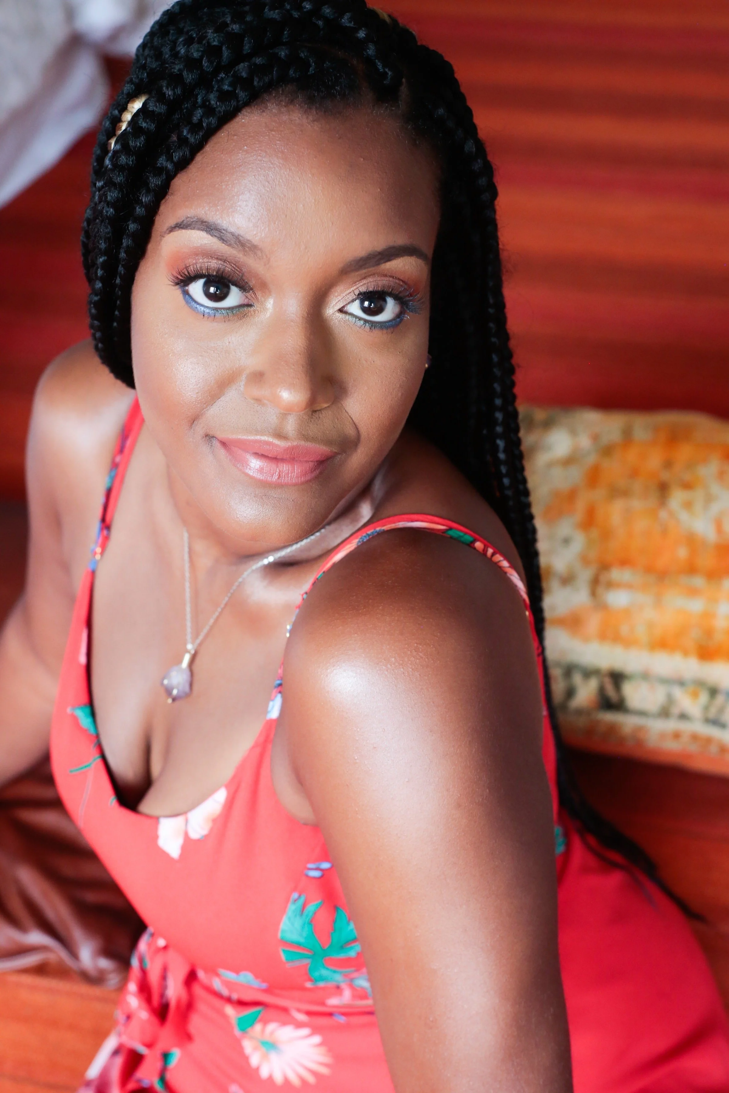 Elegant woman in red with makeup