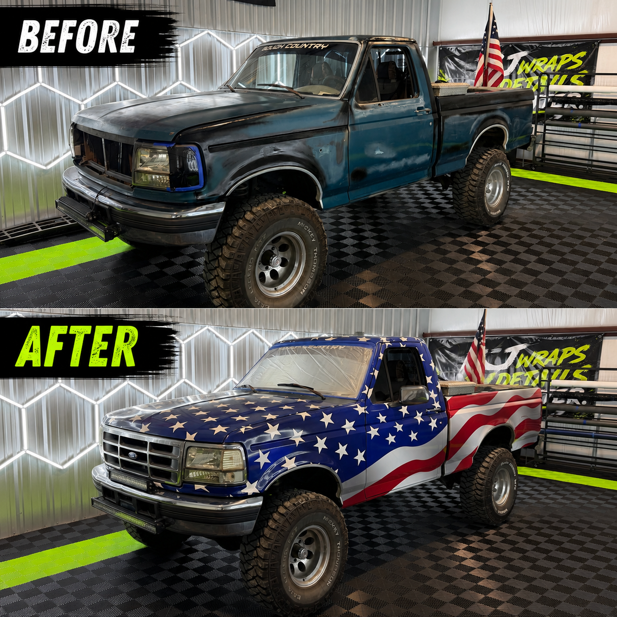 Comparison of a pickup truck before and after being wrapped in an American flag design. The 'Before' truck has a worn, unfinished look with a matte black hood and general blue paint. The 'After' truck features a patriotic American flag wrap with a blue field of white stars and red and white stripes across the body. The background shows a garage with bright lights, a flag, and a banner that reads 'WRAPS DETOURS'.