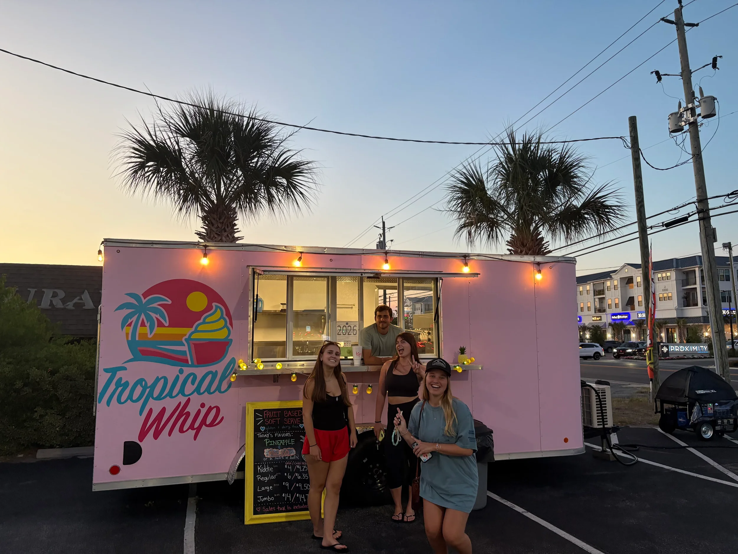 A pink food truck named Tropical Whip with a logo featuring a palm tree, a sunset, and a bowl of ice cream, parked outdoors at dusk. Three young women are standing in front of the truck, smiling and making peace signs. Behind them, a street with cars and buildings, and a clear sky with some palm trees and utility poles is visible.