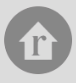 Icon of a house with a lowercase letter 'r' inside, on a gray circular background.