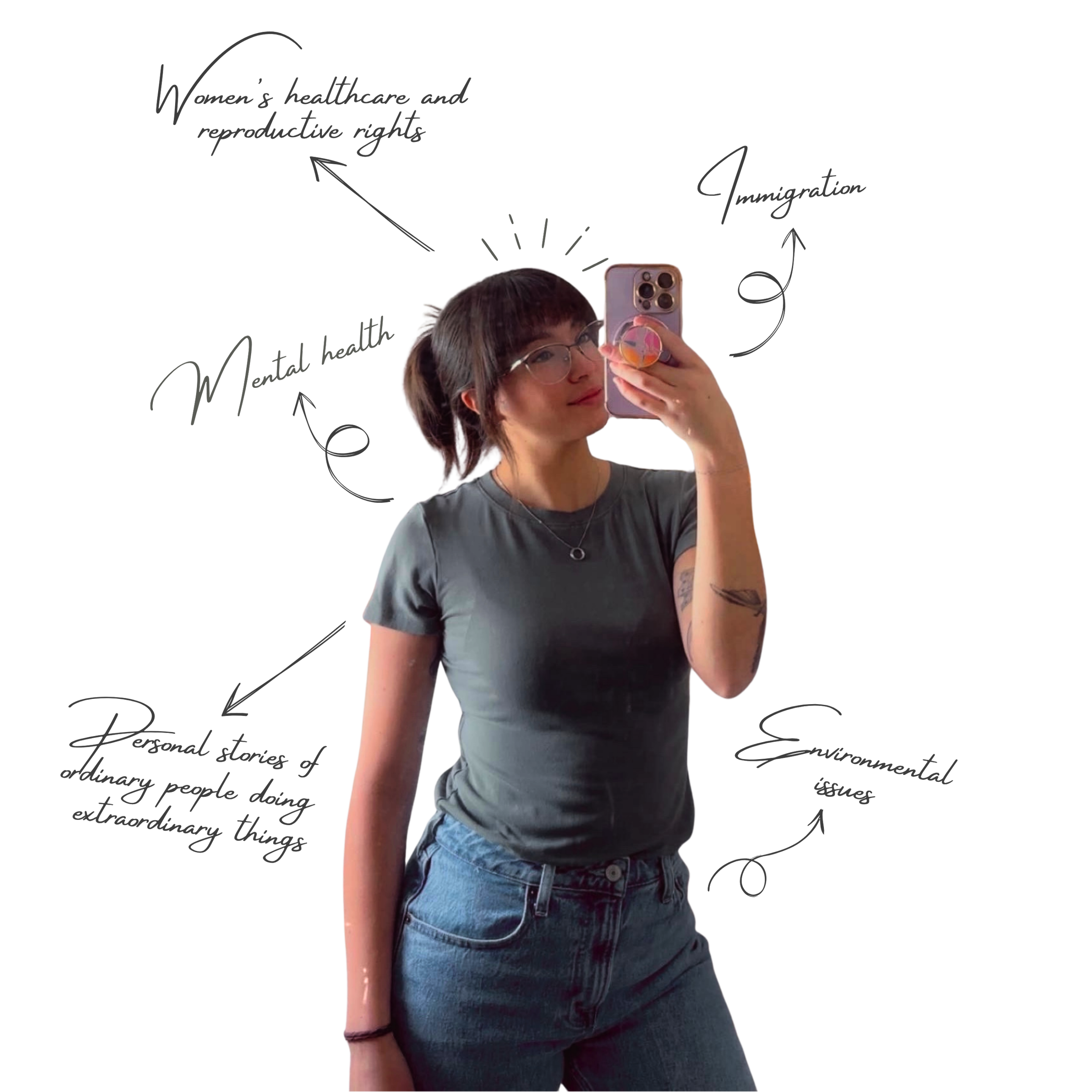 A young woman with glasses taking a selfie with her phone, wearing a gray t-shirt and blue jeans, standing in front of a background with handwritten text and diagrams related to women's healthcare, reproductive rights, and mental health.