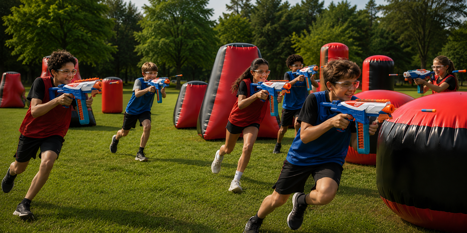 Children playing laser tag outdoors on a grassy field, using laser guns and wearing protective glasses. They are running and hiding behind inflatable barriers during daytime.