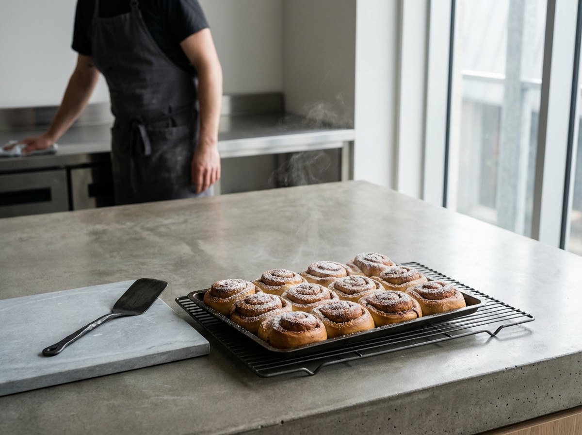 Freshly baked cinnamon rolls dusted with powdered sugar on a black cooling rack on a kitchen countertop.