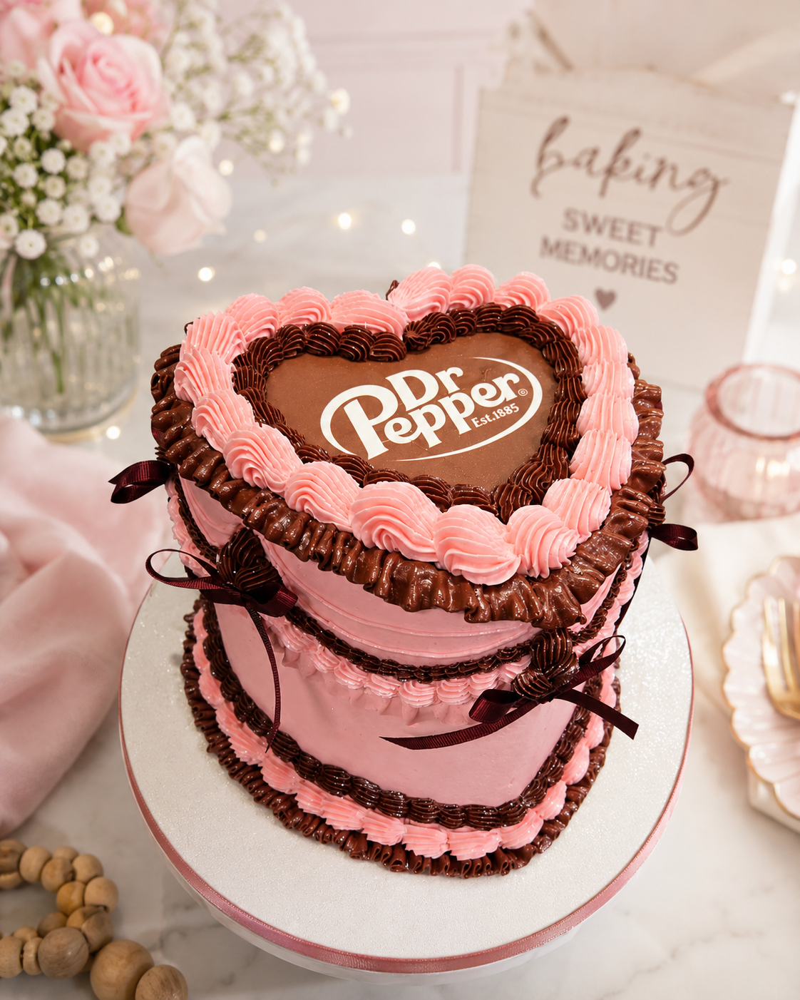 Heart-shaped cake with pink and brown frosting layers, decorated with ribbons and the Dr. Pepper logo on top, placed on a white cake stand.