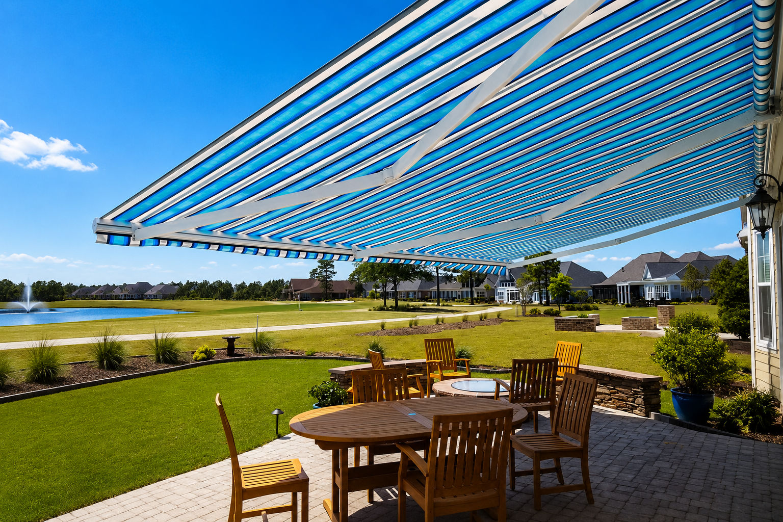 Backyard patio with wooden furniture under a blue and white striped retractable awning, overlooking a golf course with a pond and houses in the background.
