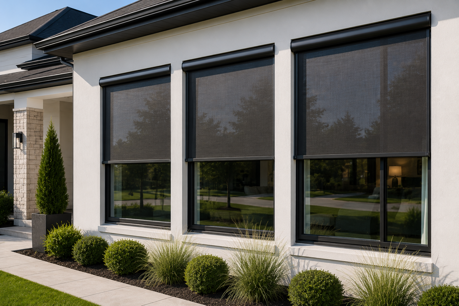 The exterior of a modern house with three large windows covered by black roller shades. There are neatly trimmed bushes and grass in front, and a small potted plant near the house entrance.
