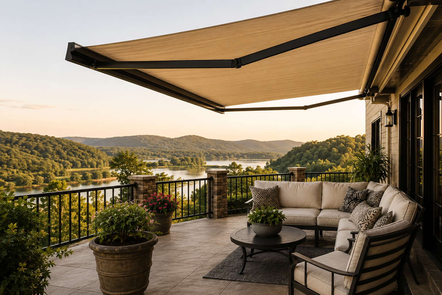 A spacious balcony with outdoor furniture, including a large sectional sofa with patterned pillows and a round coffee table with a potted plant. The balcony has a view of a river and lush green hills in the distance, under a clear sky. An adjustable awning extends overhead, providing shade.