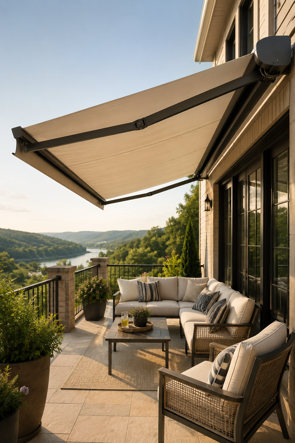 Patio with outdoor furniture and an overhanging retractable awning overlooking a river and rolling green hills.