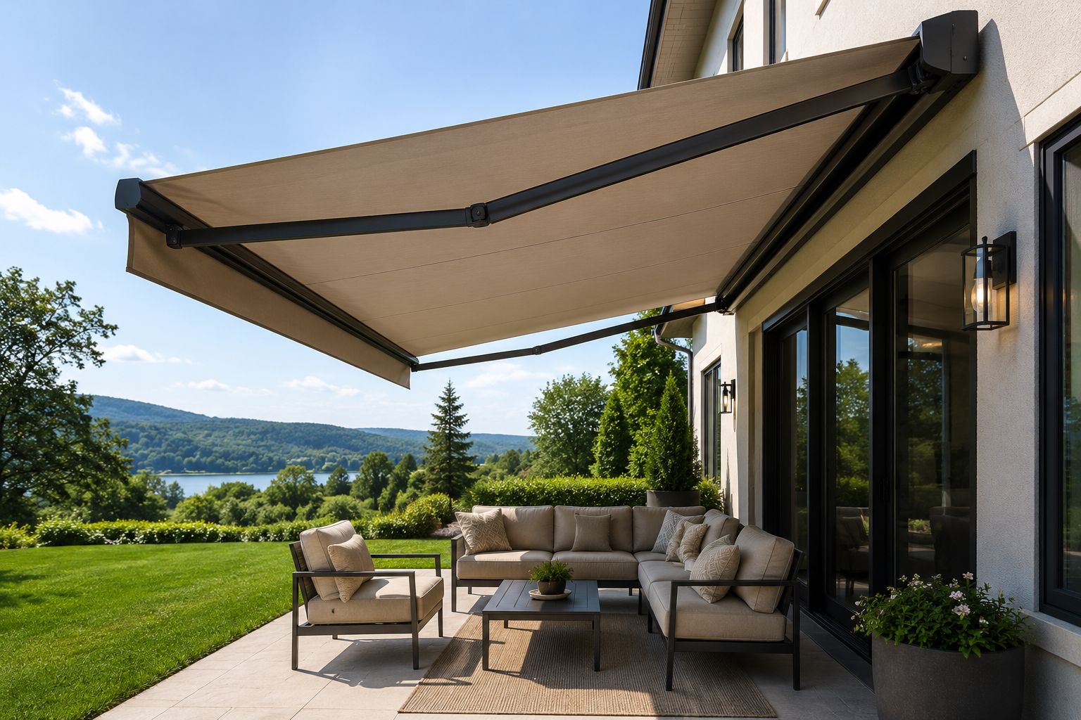 Outdoor patio with beige sectional sofa and armchairs under a beige retractable awning, overlooking a lush green landscape with trees, a lake, and hills in the distance.
