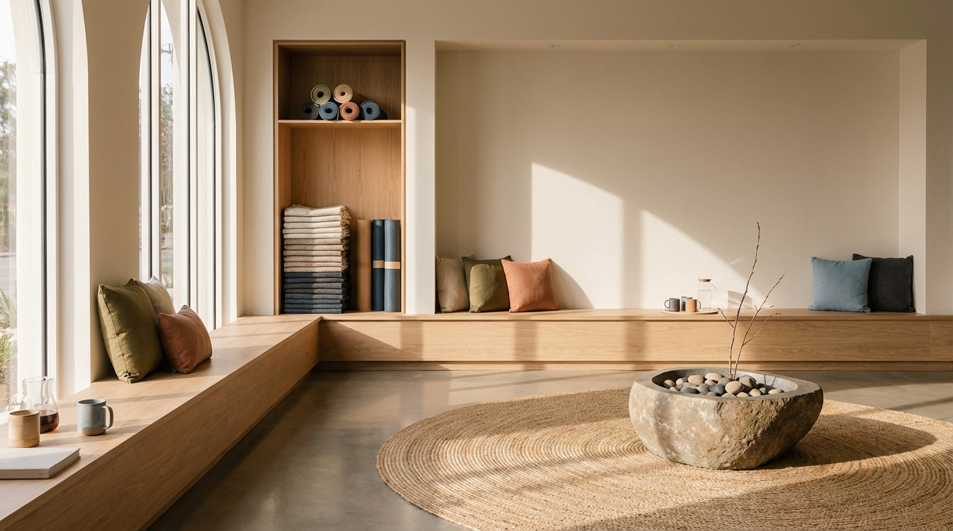 Minimalist living room with built-in wooden bench seating, cushions, a large window, a stone planter with rocks and a small branch, and a circular woven rug.