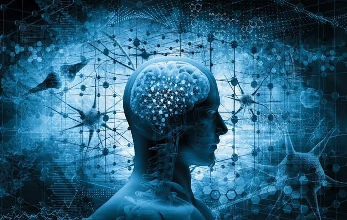 Digital illustration of a human head with a glowing brain, surrounded by neural network graphics and abstract scientific elements.