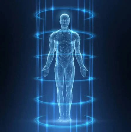Digital illustration of a human figure surrounded by glowing blue concentric circles