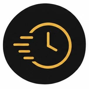 Black circle icon with yellow clock showing 3:00 and motion lines indicating speed or quickness.