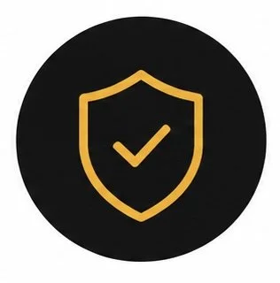 Black circular icon with a gold shield and checkmark at the center.