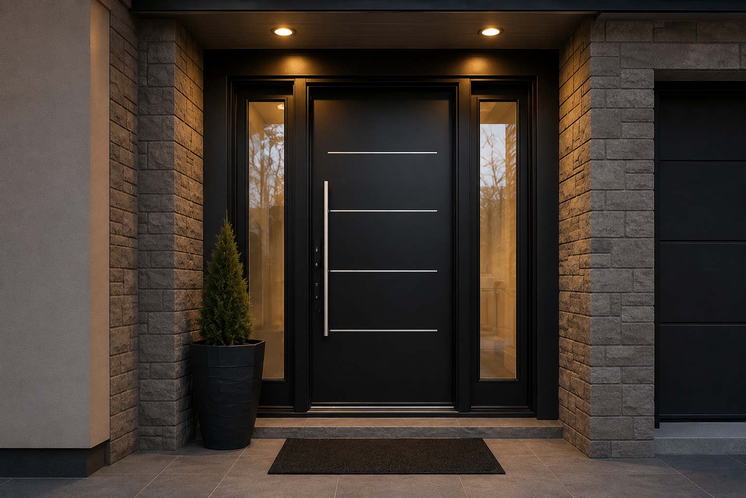 Modern black front door with horizontal silver lines, large vertical silver handle, side glass panels, a black doormat, and a potted evergreen plant to the left, with brick and stucco exterior walls and recessed lighting.