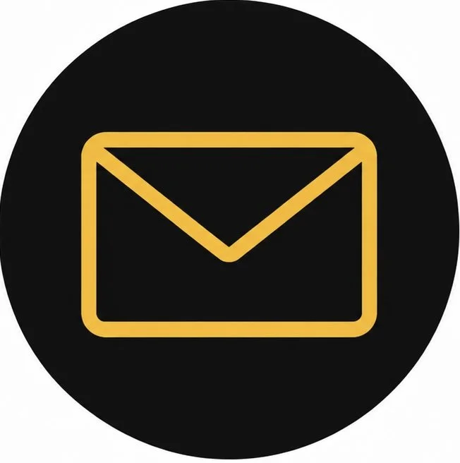 Icon of an envelope in yellow on a black circular background.