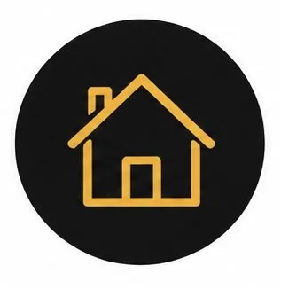 Icon of a house with a yellow outline inside a black circle.