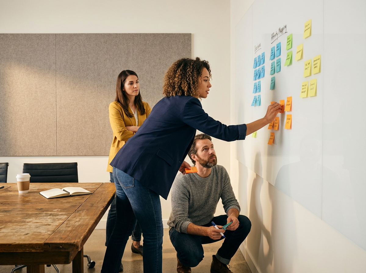 Three women in a meeting room collaborating on a project with sticky notes on the wall. One woman is placing a sticky note on the wall, another is kneeling with a marker, and the third woman is standing with arms crossed.