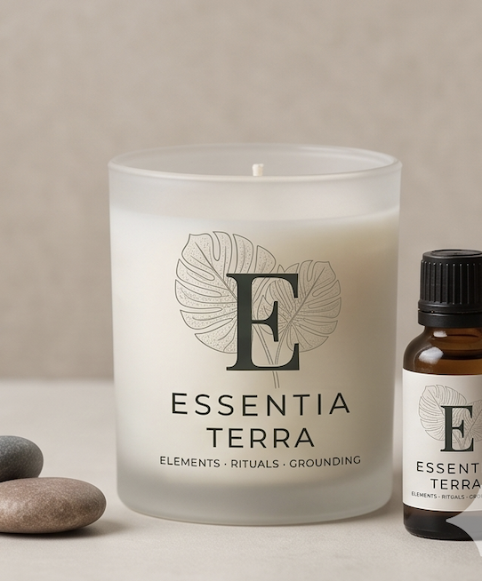 A large white candle in an frosted glass container with black text and a leaf design, along with a small brown essential oil bottle and some gray stones next to it.