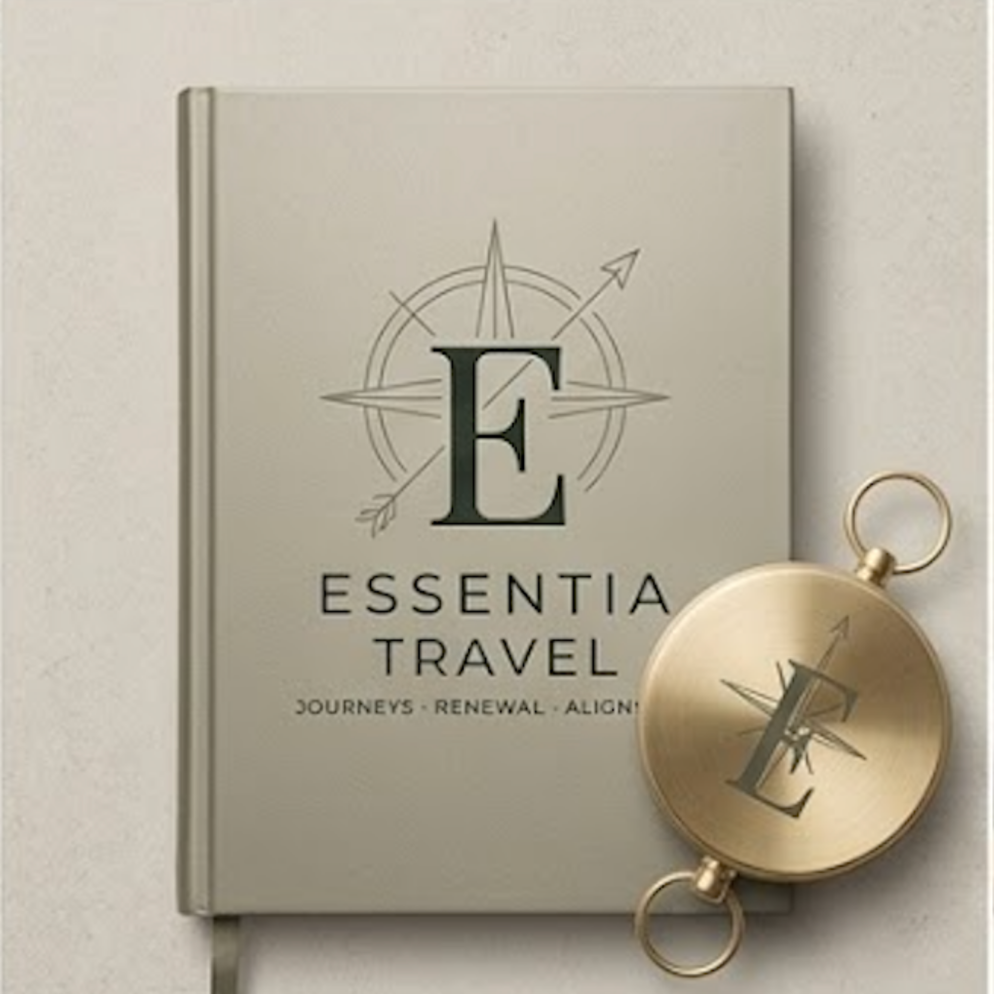 A white book or box with the words "ESSENTIAL TRAVEL" and the phrases "JOURNEYS, RENEWAL, ALIGN" printed on it, featuring a logo with a compass and arrow. Beside it, there's a small round keychain with the same logo.