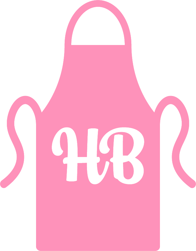 Pink apron with black monogrammed initials 'H B' and two tied long straps.