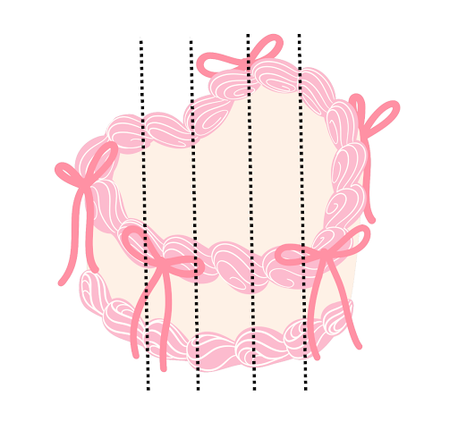 Illustration of a braided pink headband with bows, over a circular cream-colored background, divided by vertical dotted lines.