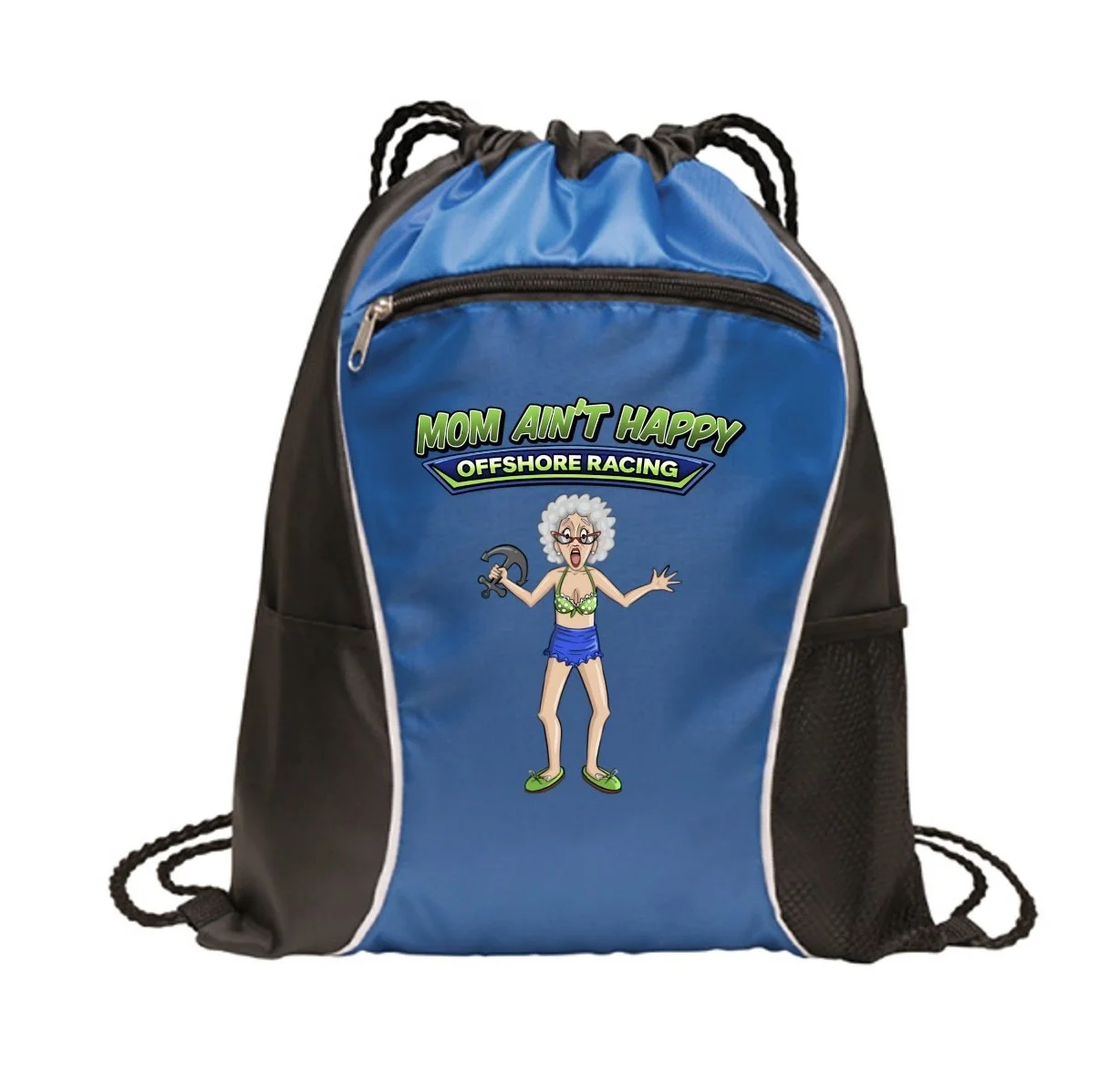 Blue and black drawstring backpack with a cartoon character of an elderly woman in a swimsuit, holding a wrench, and the text "Mom Ain't Happy" and "Offshore Racing".