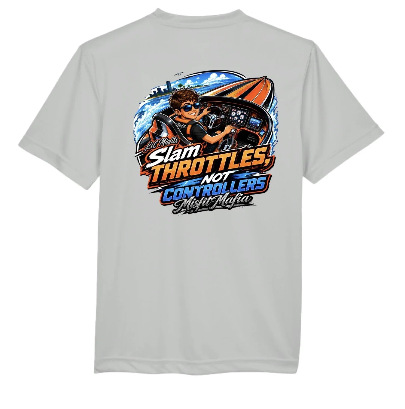 Graphic on a T-shirt featuring a cartoon boy wearing sunglasses driving a car, with a city skyline, water, and a bridge in the background. The text reads: 'Lil Misfits Slam Throttles, Not Controllers, Misfit Mafia.'