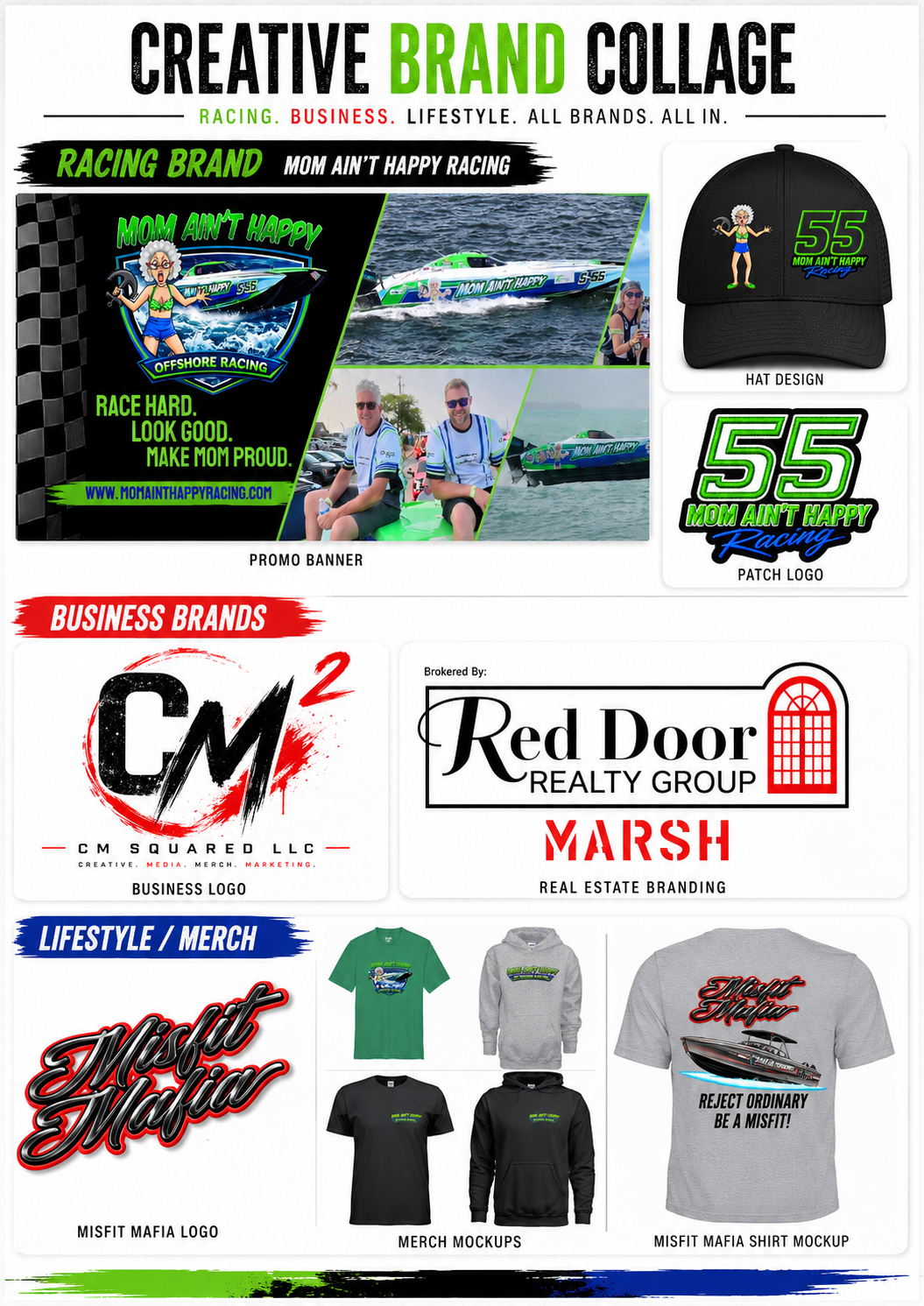 A collage of branding and merchandise images for offshore racing themed around 'Mom Ain't Happy Racing'. It includes a promo banner with racing boats and two men, a cap with a character logo and the number 55, a patch logo with the number 55, busines