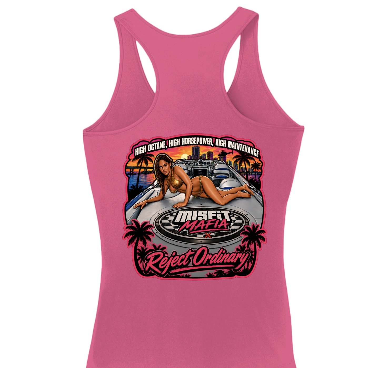 Pink tank top featuring a graphic of a woman lounging on a car with a city and sunset background, palm trees, and text about high octane performance and rejection of the ordinary.