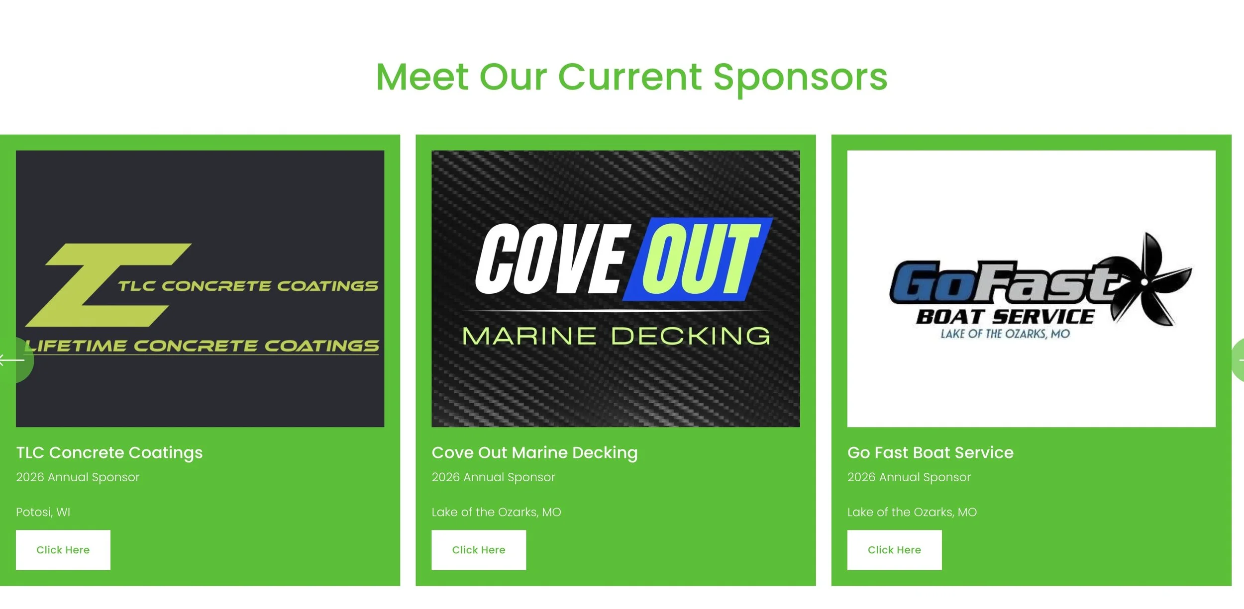 Overview of three sponsor logos for a 2026 event, displayed with green borders and labels, including TLC Concrete Coatings, Cove Out Marine Decking, and Go Fast Boat Service, with their respective locations and a 'Click Here' button.