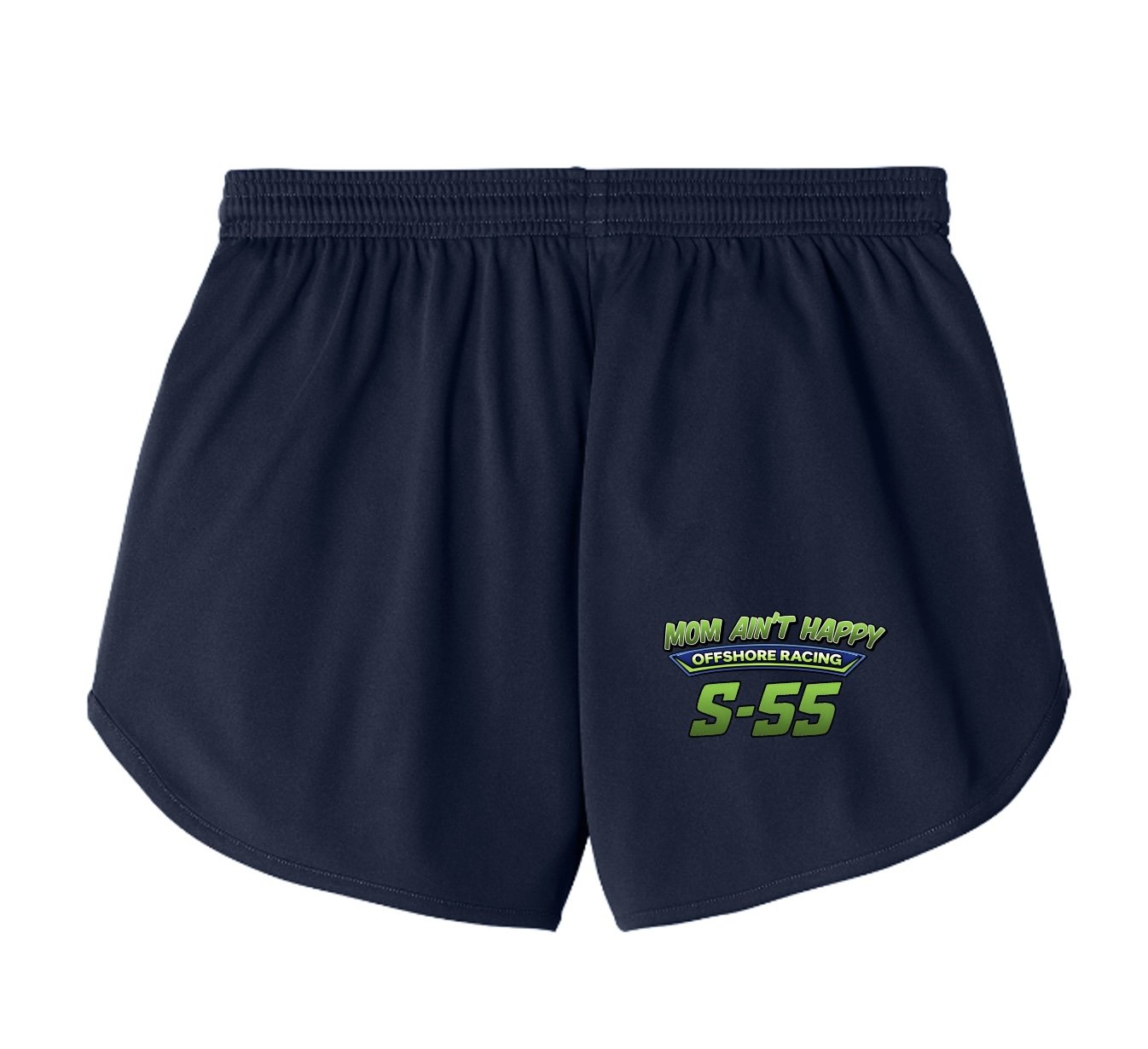 Navy athletic shorts with green and blue racing-themed print that says "Mom Ain't Happy Offshore Racing 5-55".