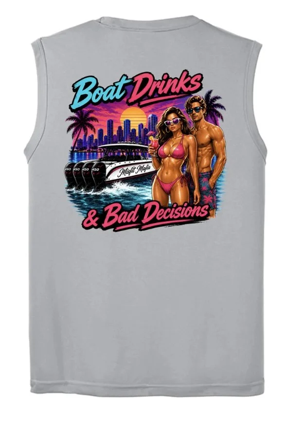 Gray sleeveless shirt with a colorful graphic design that includes a city skyline, palm trees, a boat in water, and two young adults in swimsuits holding drinks. The text says, 'Boat Drinks & Bad Decisions'.
