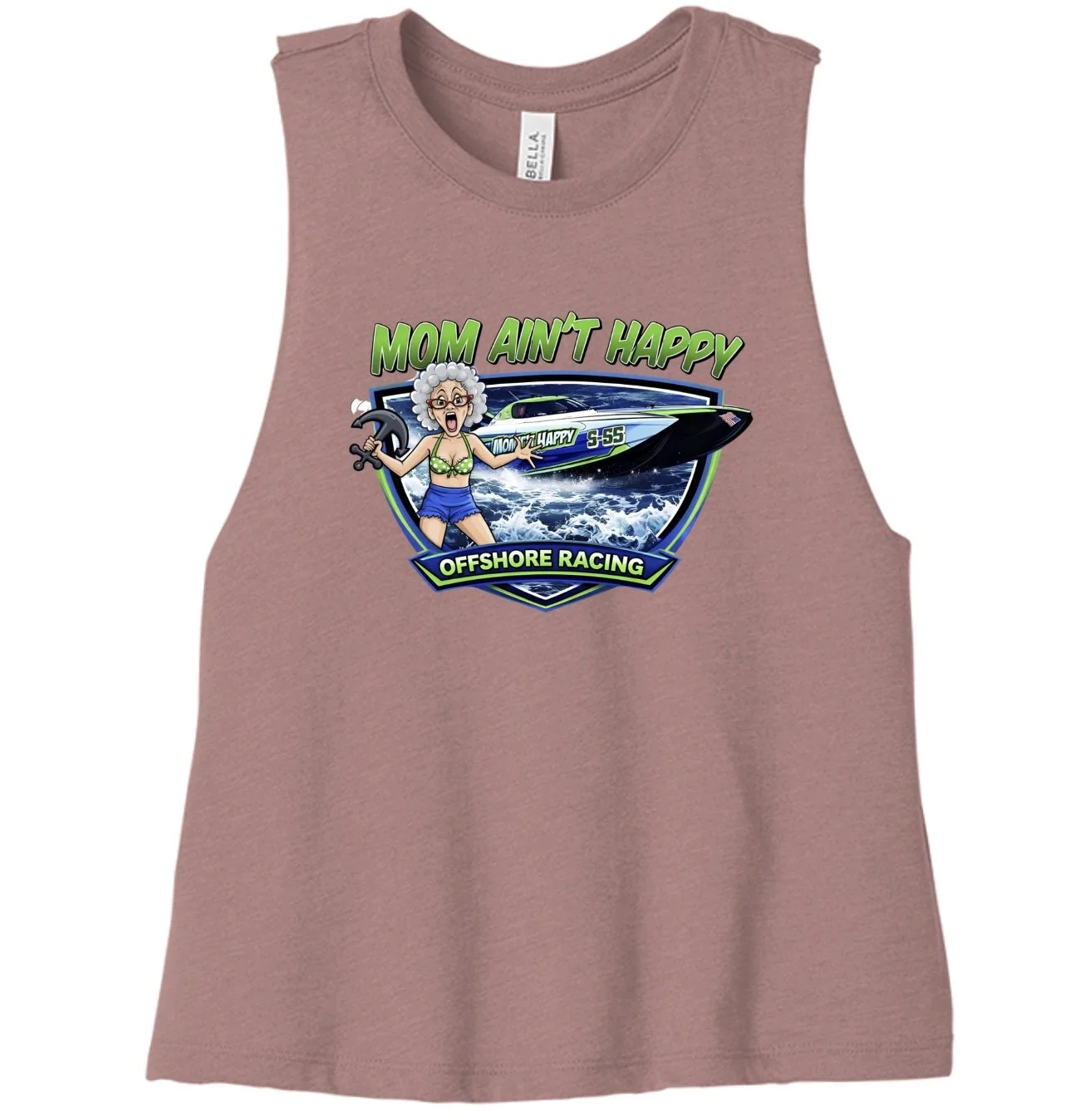 Pink sleeveless shirt with a colorful graphic of an older woman in a green bikini top and blue shorts holding a wrench, standing in front of a speedboat on the water. Text on shirt reads "Mom Ain't Happy," "Offshore Racing," and other racing-related phrases.