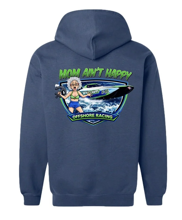 Blue hoodie with graphic of an elderly woman with white curly hair wearing a green bikini top and blue shorts, holding a wrench, standing in front of a speedboat on water. Text says 'Mom Ain't Happy', 'Offshore Racing', and 'Mom U Happy' with a digital clock showing 5:55.