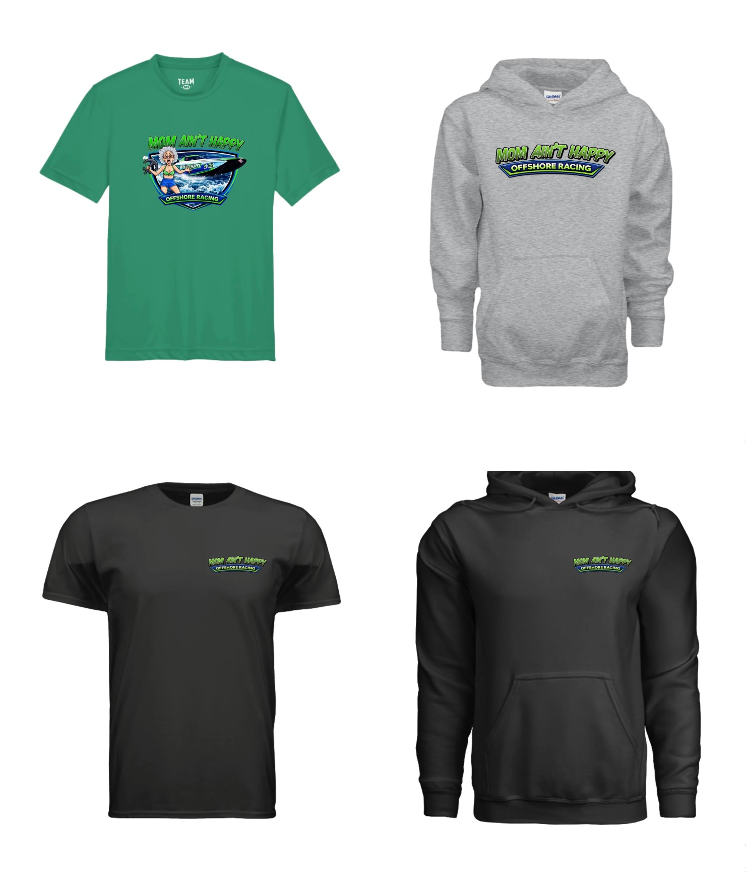 Collection of four black and gray hoodies and t-shirts with a design that reads "Mom Ain't Happy Offshore Racing," featuring neon green and blue accents, with a cartoon character and racing theme.