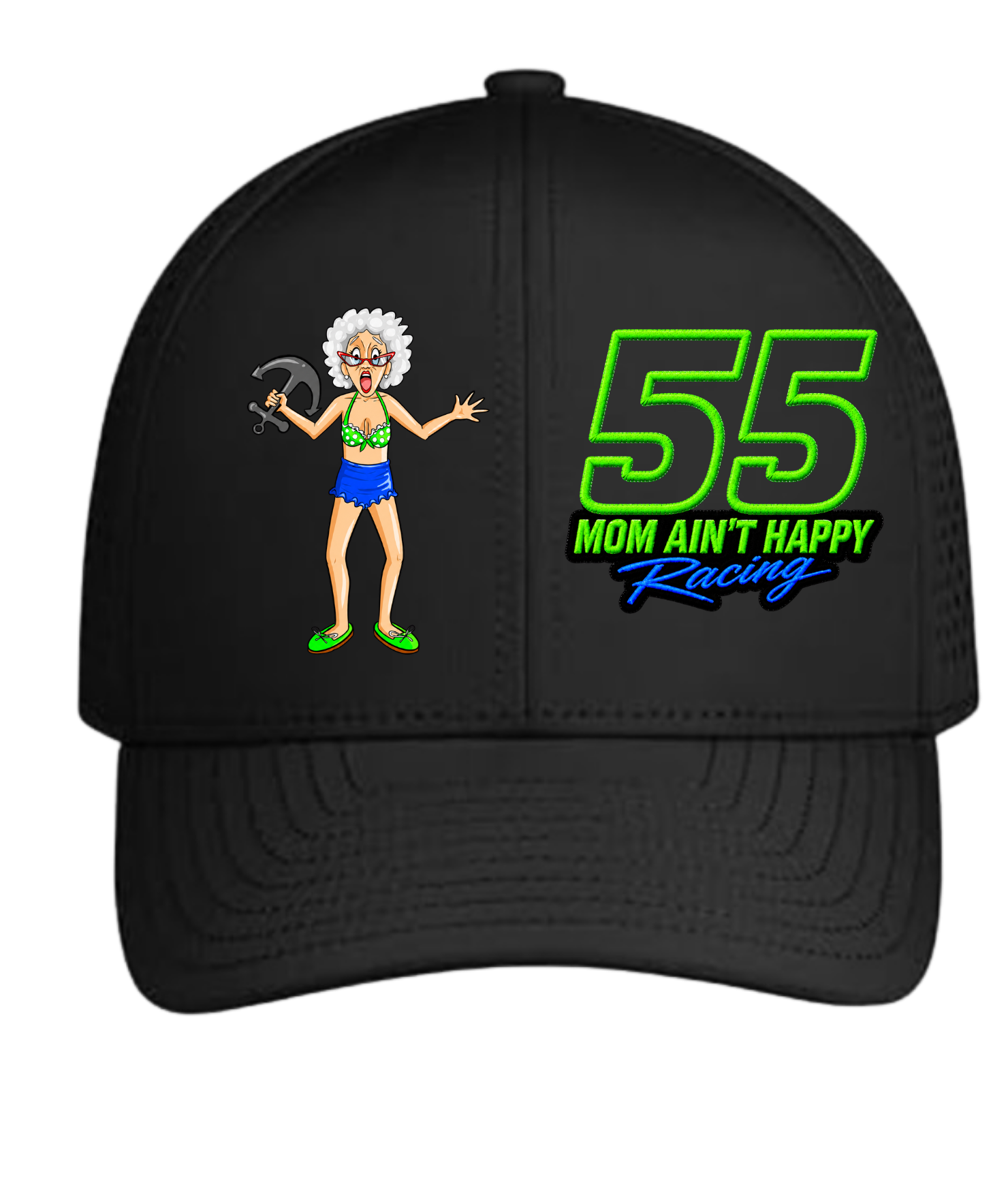 Black baseball cap with a cartoon illustration of an angry elderly woman with curly white hair, wearing glasses, a green polka dot bikini top, blue shorts, and green shoes, holding a harpoon, along with the text '55 MOM AIN'T HAPPY Racing' in neon st