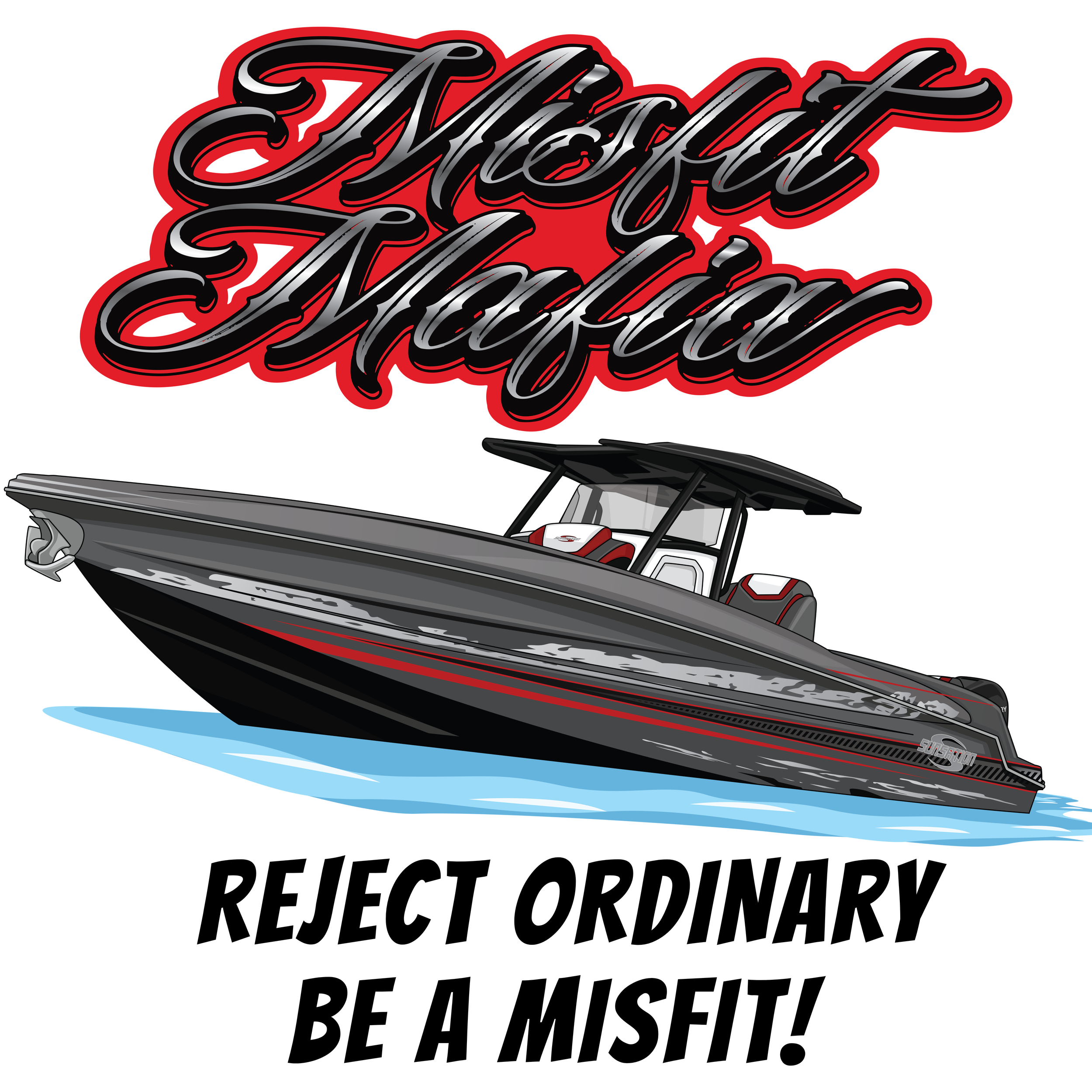 A wakeboard boat with a wakeboard attached to the back. Overlaid on the image, there is a stylized text that reads: "Wreck It Like a Wakesurfer" with a red outline around the black and silver lettering, and additional text below that says: "Reject Or