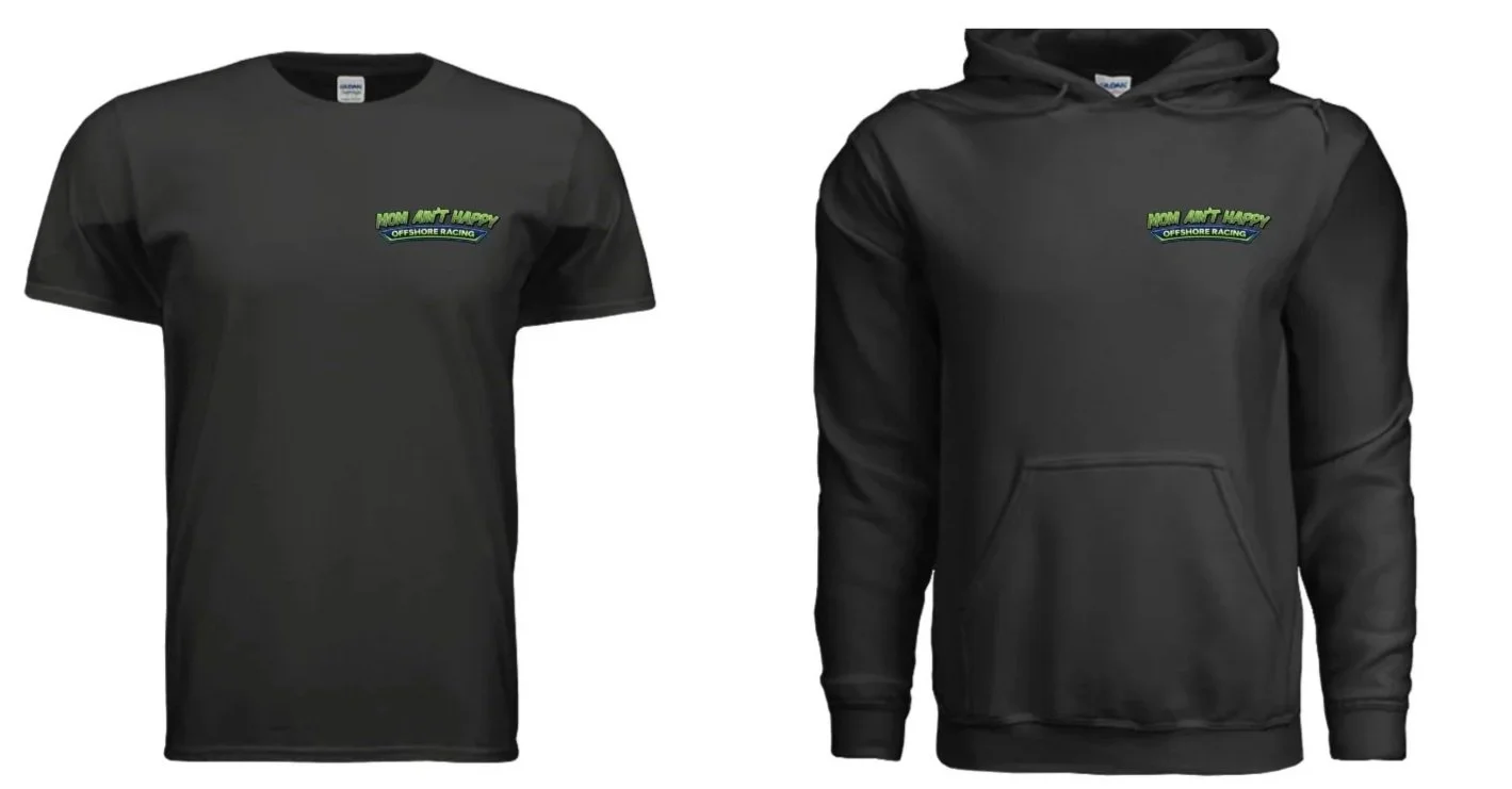 Black T-shirt and hoodie with green and purple text that reads 'Mom Ain't Happy Offshore Racing'