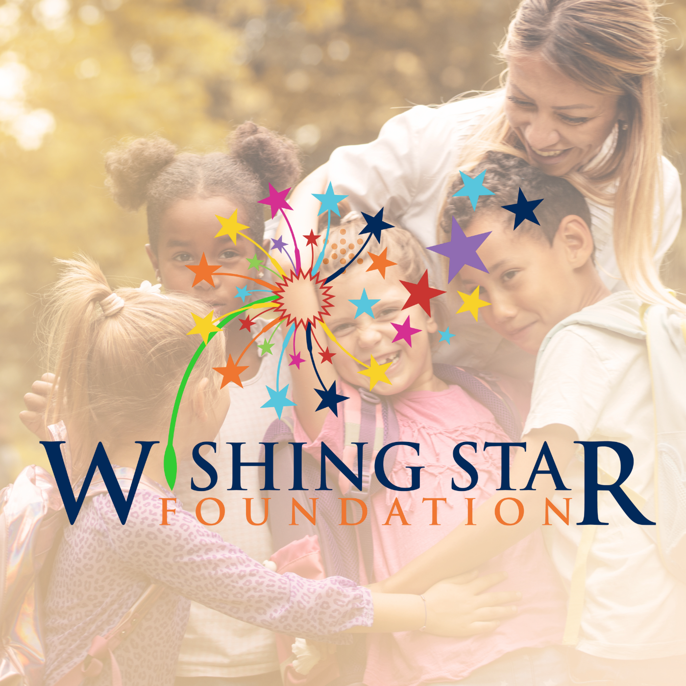 Children and a woman smiling outdoors with a colorful fireworks graphic and text for the Washing Star Foundation.