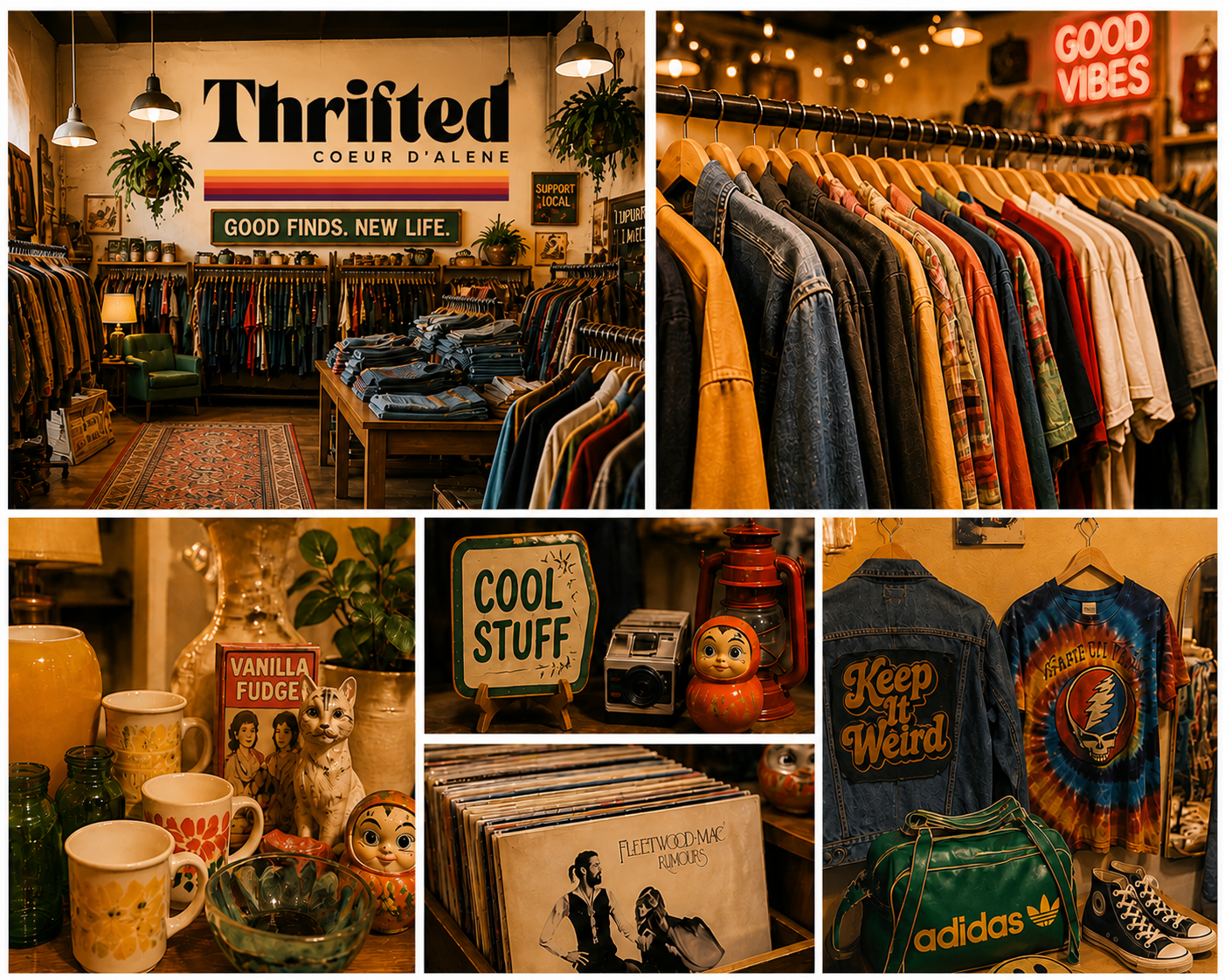 Inside a thrift store with shelves of clothing, colorful shirts on hangers, and various vintage items including mugs, toys, record albums, and retro signs.