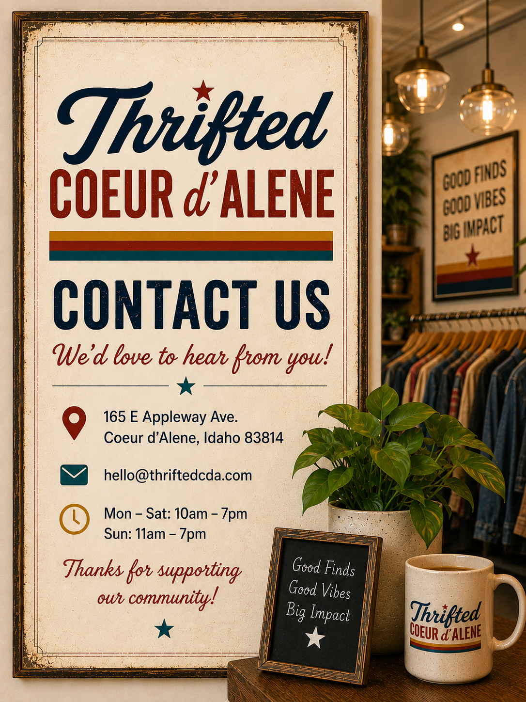 A contact sign for Thrifted Coeur d'Alene, Idaho, with store address, email, hours, and a message inviting contact. Next to the sign is a blackboard, a potted plant, and a mug with the store’s logo. The store interior has hanging lights and clothing racks in the background.