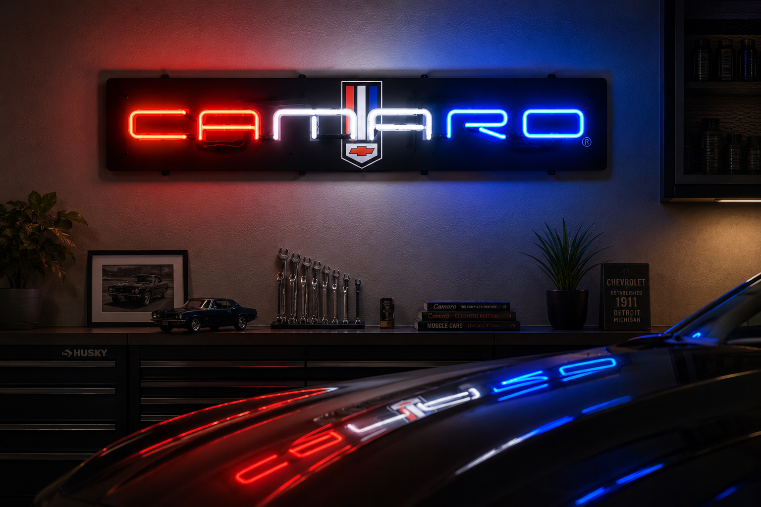 A garage with a neon Cadillac sign on the wall, reflecting on a car hood in the foreground, with a workbench containing model cars, vintage car photographs, and books about cars, and a toolbox labeled 'Husky'.