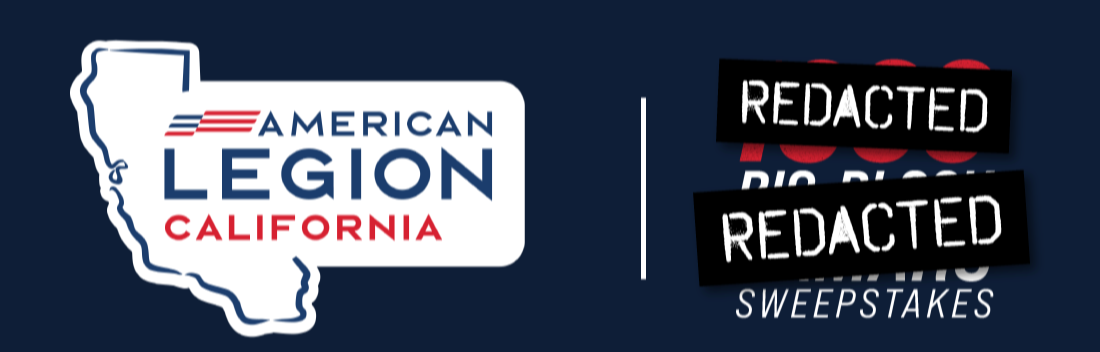 Graphic with a silhouette of California, American Legion logo, and redacted text over a blue background.